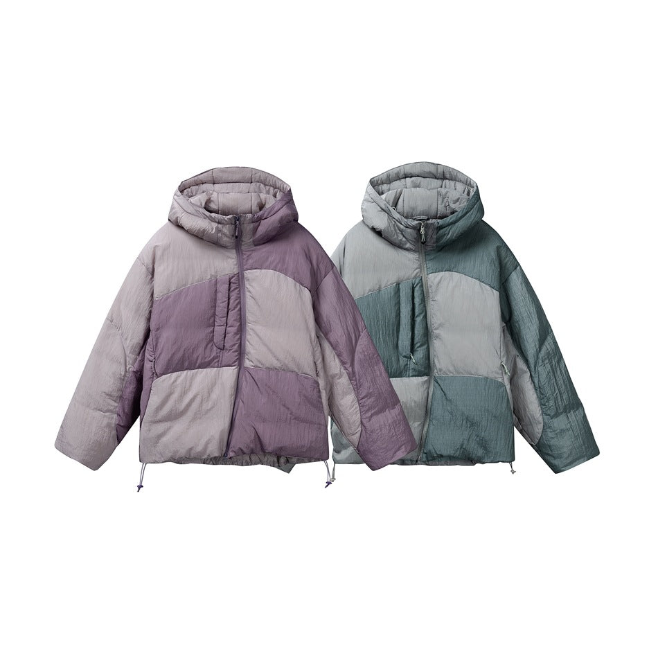 Two hooded color-block puffer jackets shown from the front in lavender and blue-gray colorways.