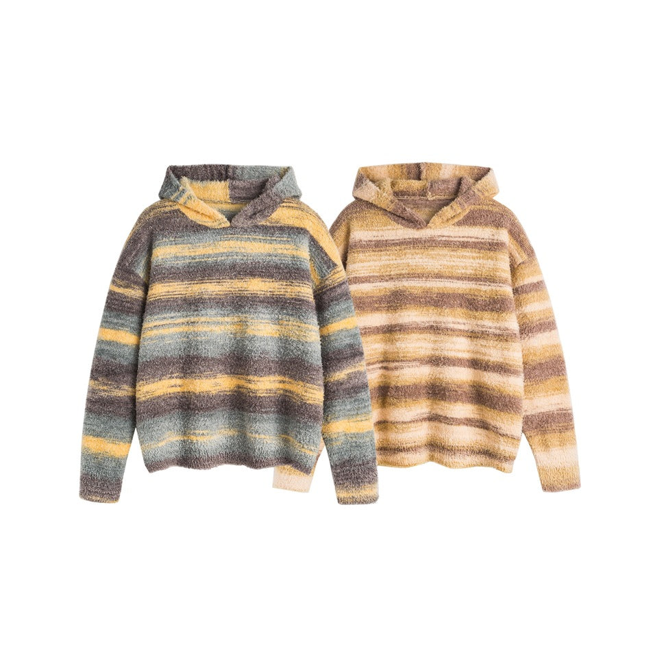 Two striped hooded sweaters displayed side by side: one gray, yellow, and brown; the other cream, tan, and brown.
