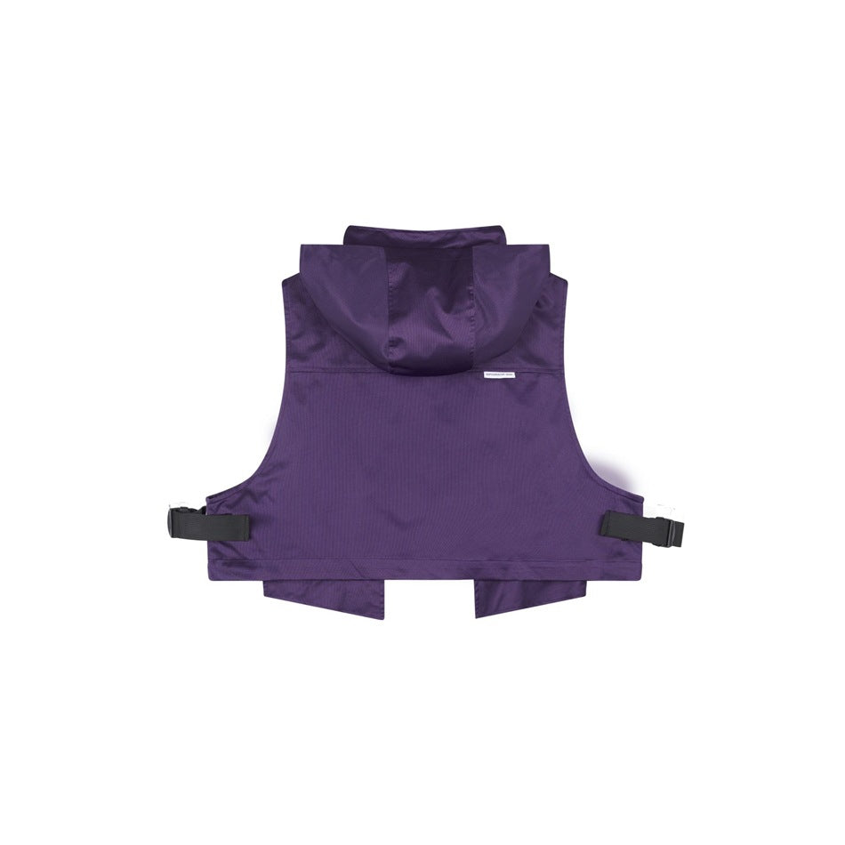 Back view of a purple sleeveless hooded vest with black adjustable side straps.