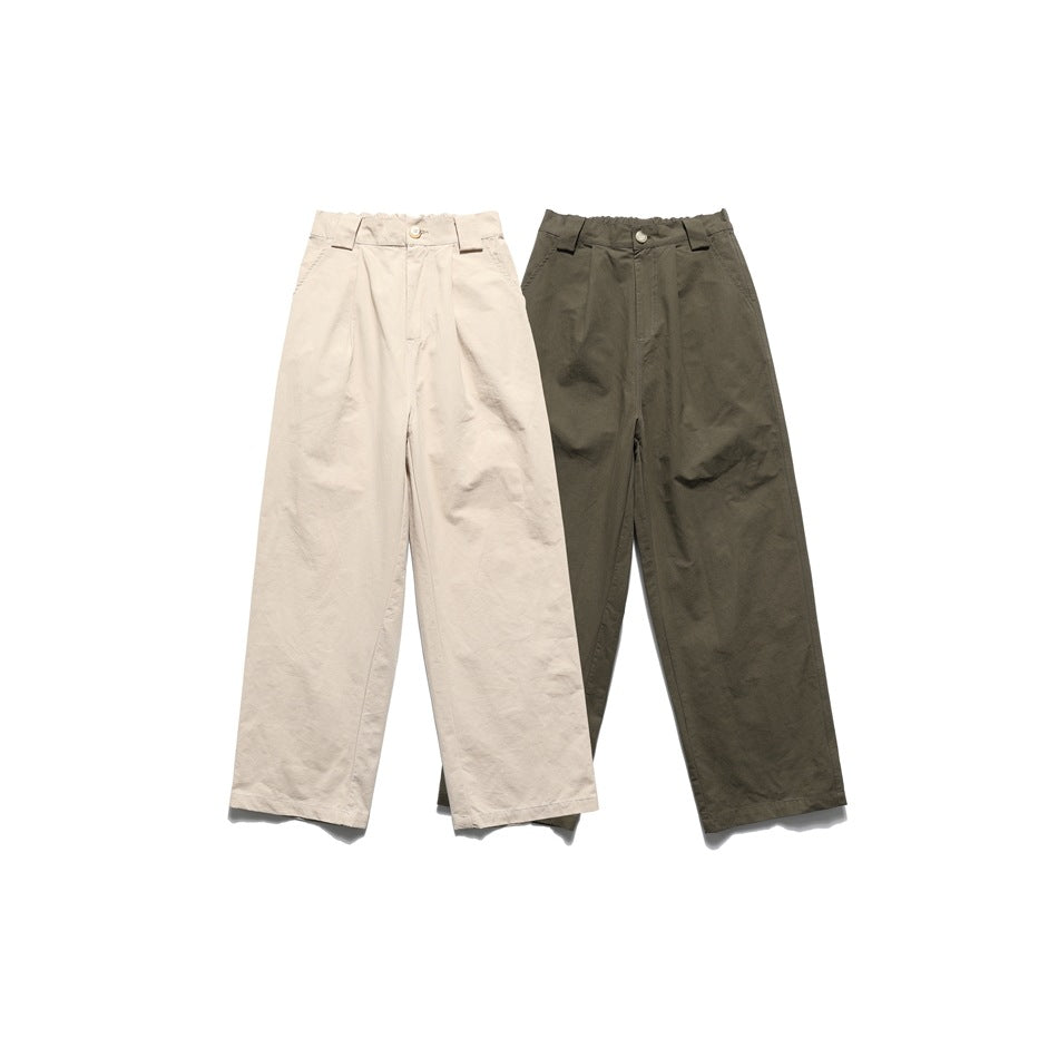 Two pairs of wide-leg trousers shown from the front in cream and dark olive.