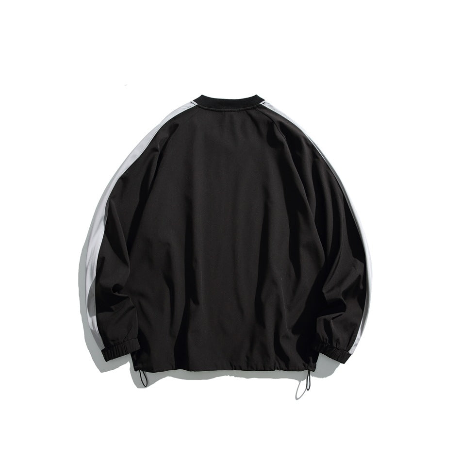 Back view of a black track-style pullover with white sleeve stripes, elastic cuffs, and adjustable hem cords.