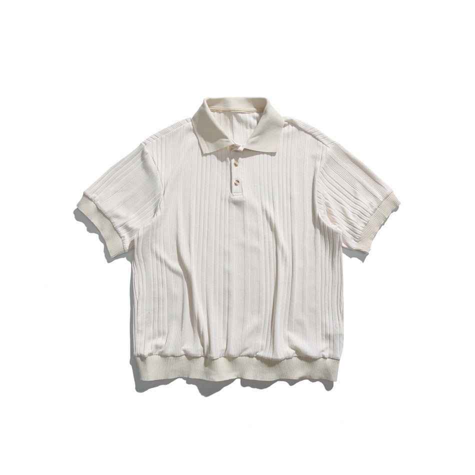 Off-white ribbed knit short-sleeve polo shirt with button placket and ribbed cuffs and hem, flat lay