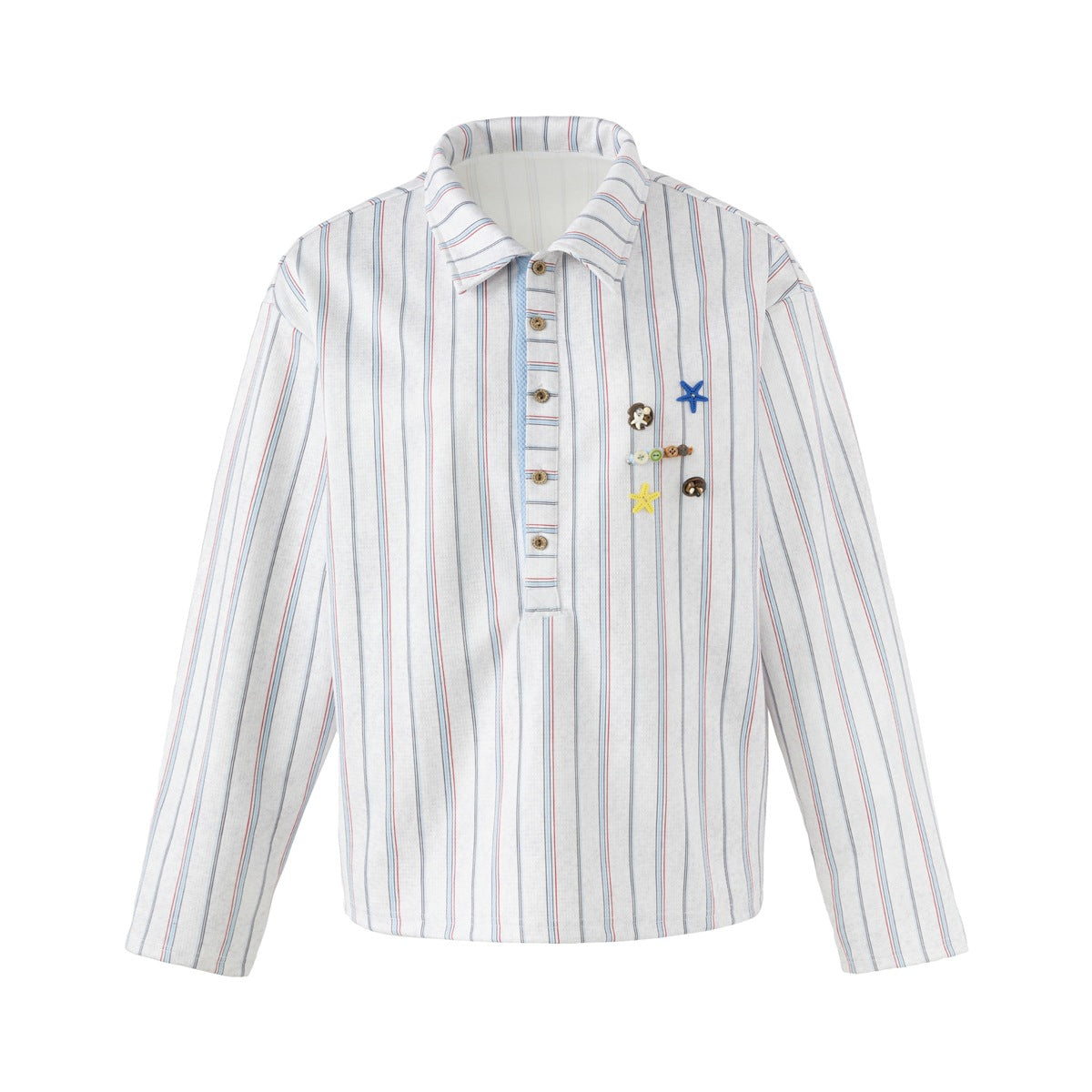 White long-sleeve collared shirt with blue, navy and red vertical stripes, half-button placket and chest button charms