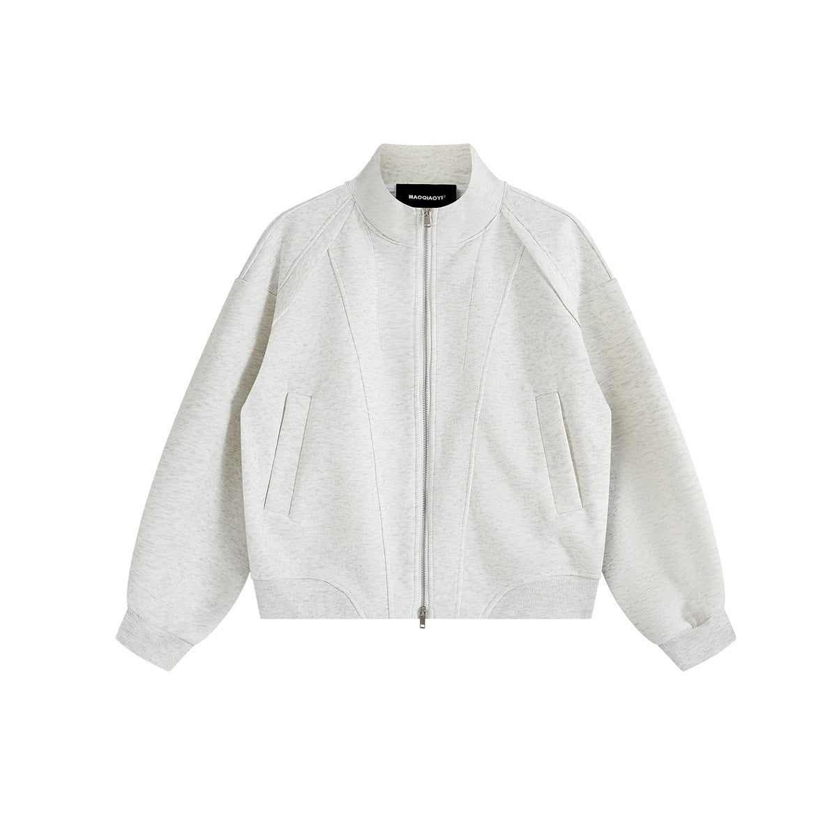 Light heather gray stand-collar full-zip jacket, flat lay front view with curved seams, slanted pockets and ribbed cuffs