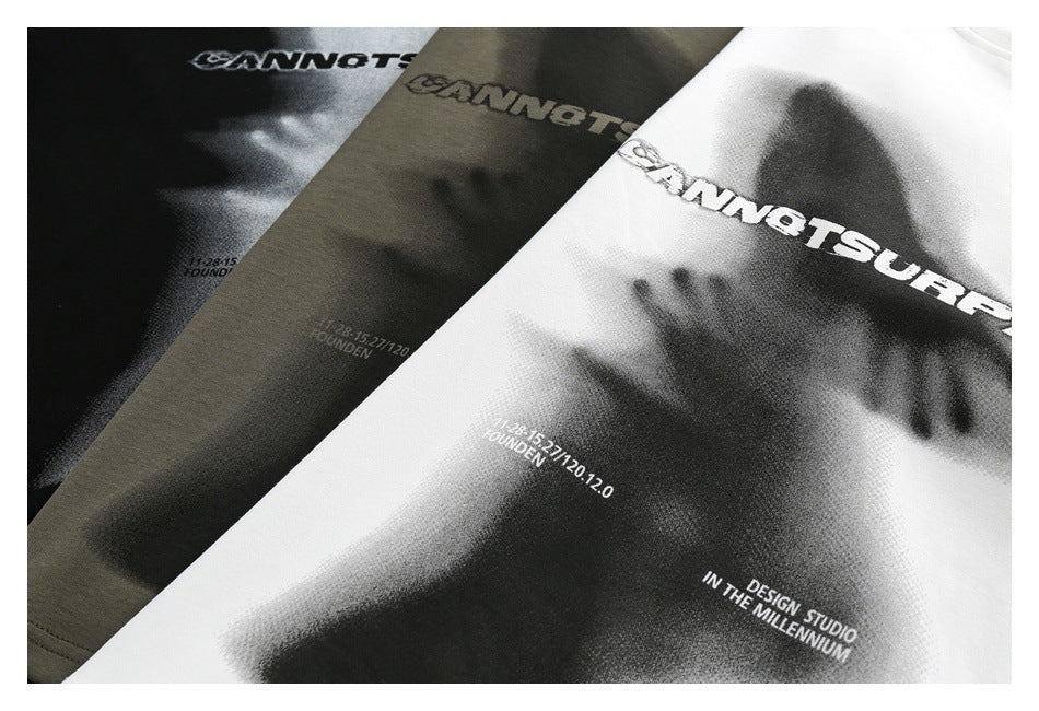 Black, olive-gray, and white sweatshirts with large grayscale graphic prints and English lettering.