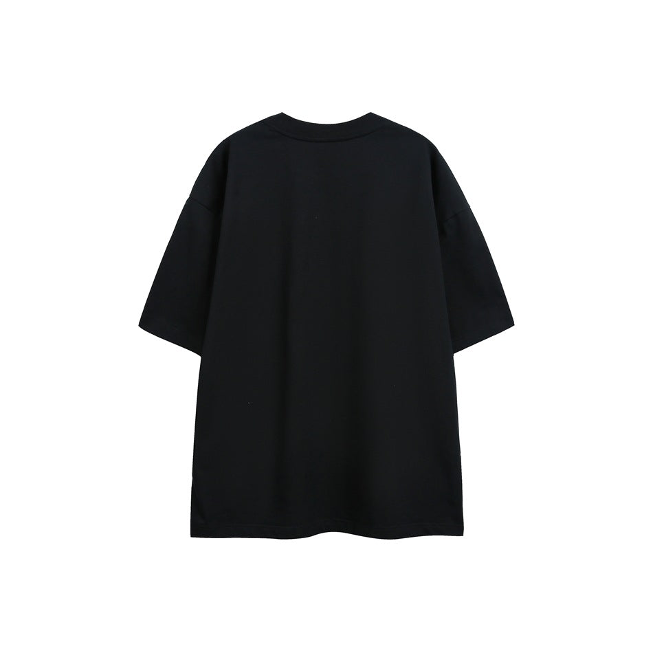 Back view of a plain black short-sleeve crew-neck T-shirt with dropped shoulders, flat lay