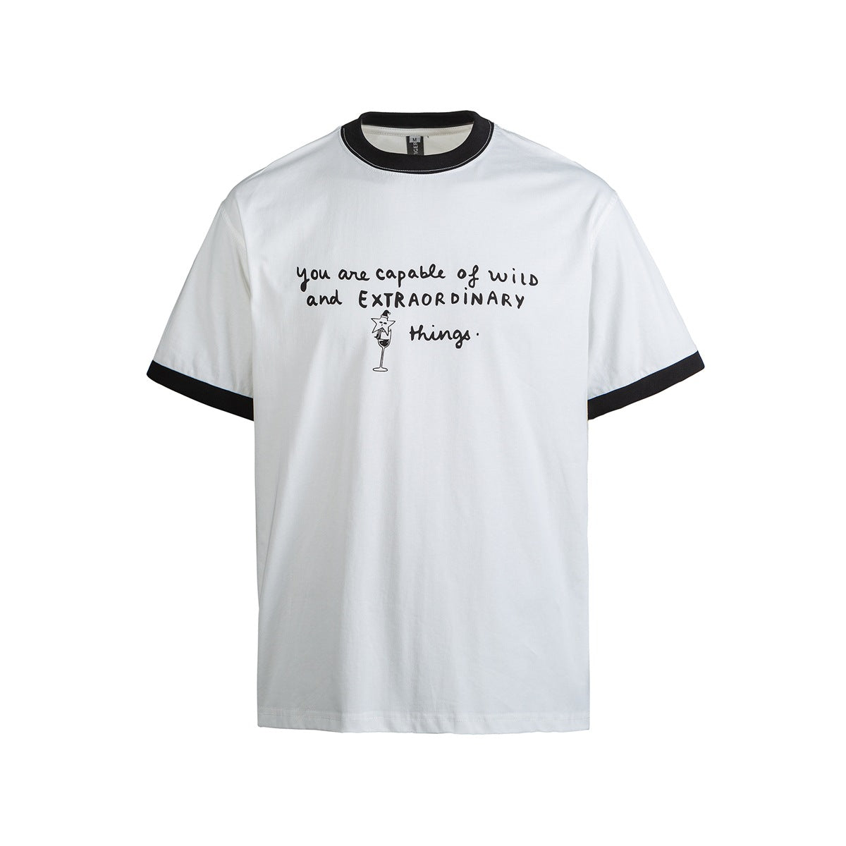 White ringer T-shirt with black collar and cuffs and a handwritten-style 'wild and extraordinary things' slogan print
