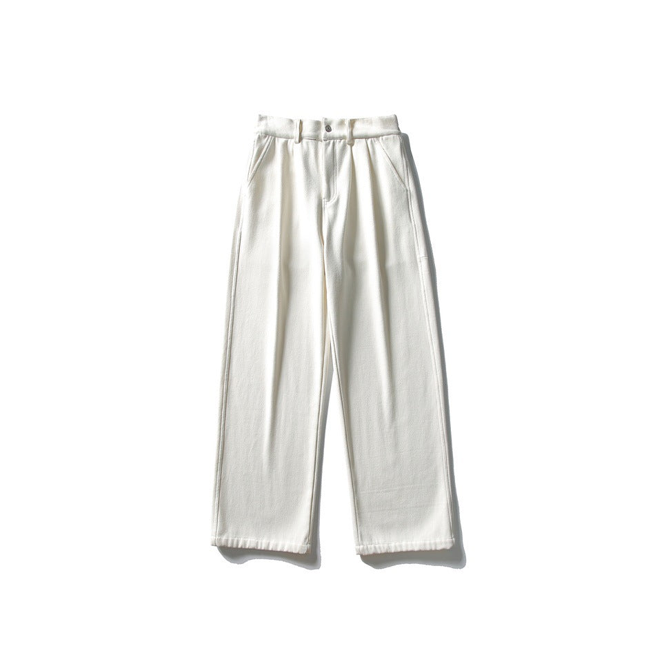 Front view of off-white wide-leg pants with button closure, belt loops, pleats and side pockets