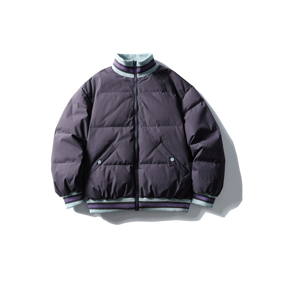 Front view of a dark purple padded zip jacket with striped light blue and purple ribbed trim and snap-detail pockets.