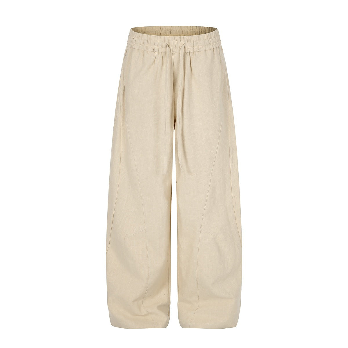 Light khaki wide-leg drawstring pants with elastic waist and curved leg seams, flat front view