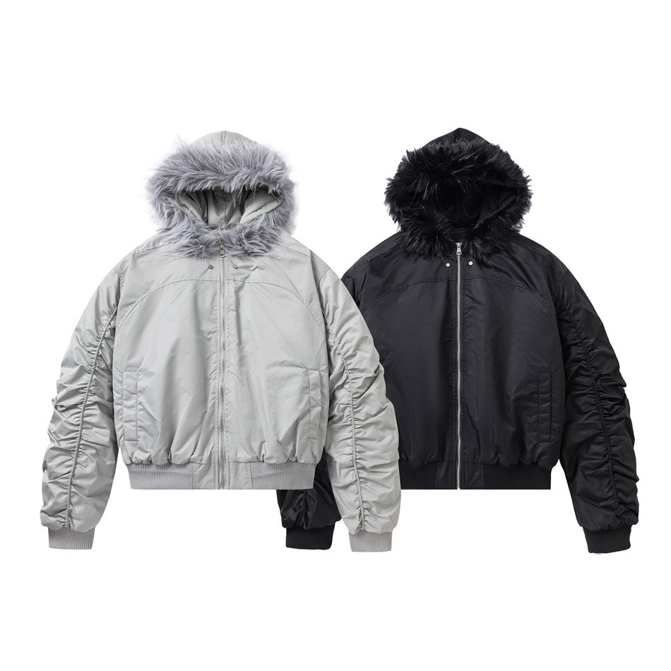 Front view of fur-hooded zip jackets in light gray and black.