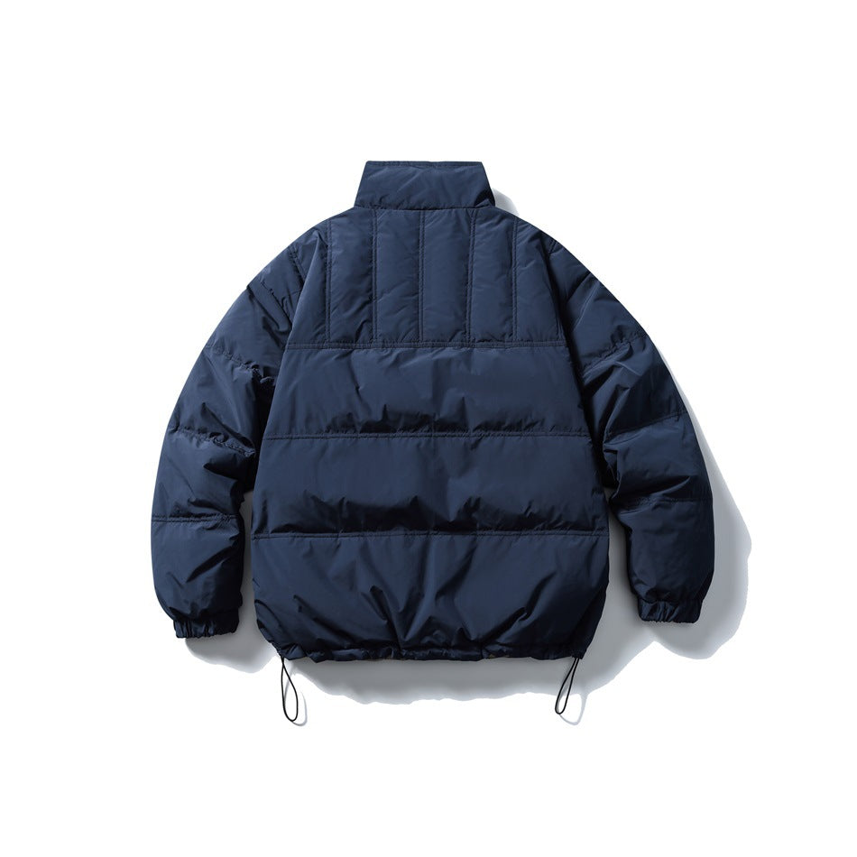 Full rear view of a dark navy padded jacket with a high collar, stitched panels, elastic cuffs, and adjustable hem cords.