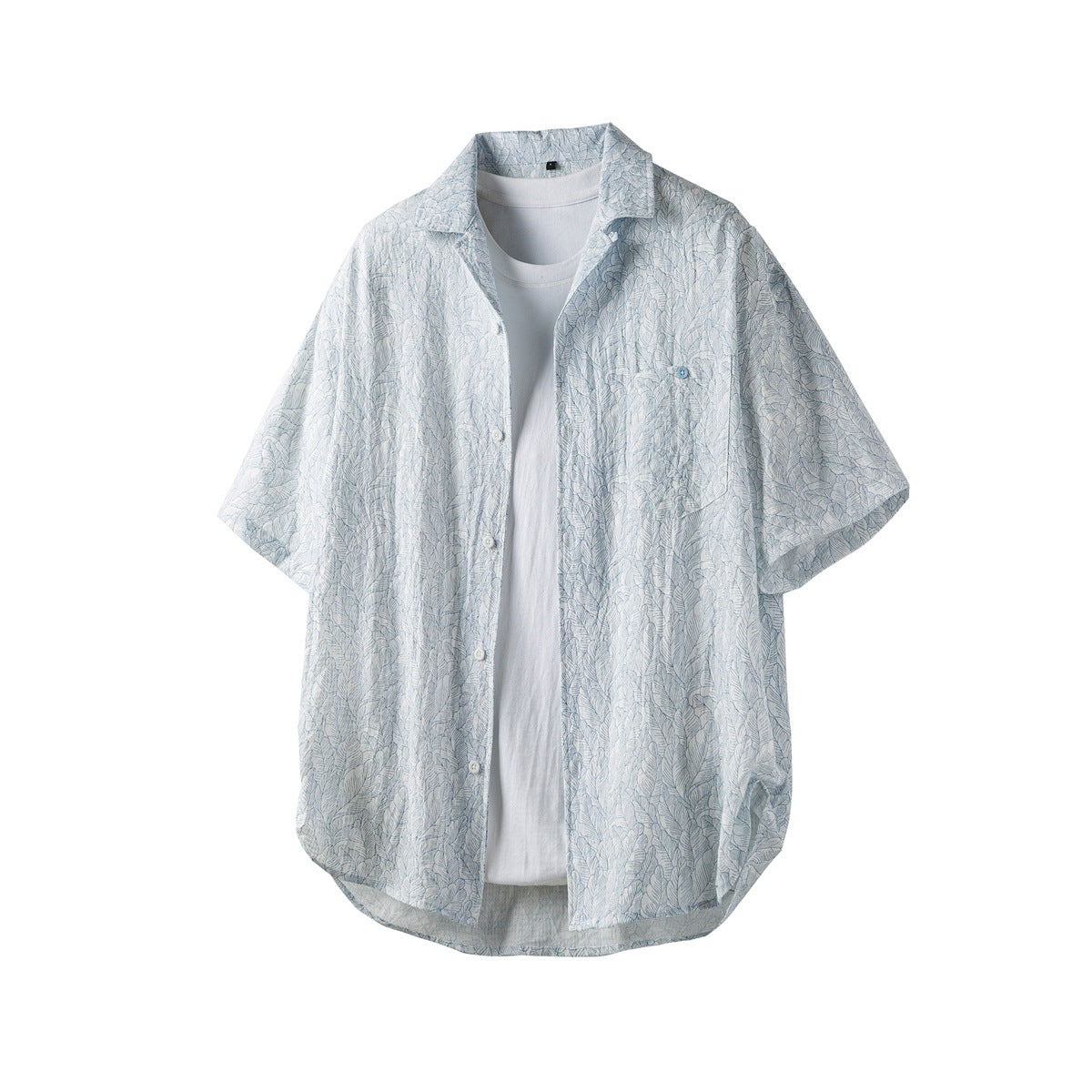 Light blue leaf-print short-sleeve shirt worn open over a white tee, flat lay front view