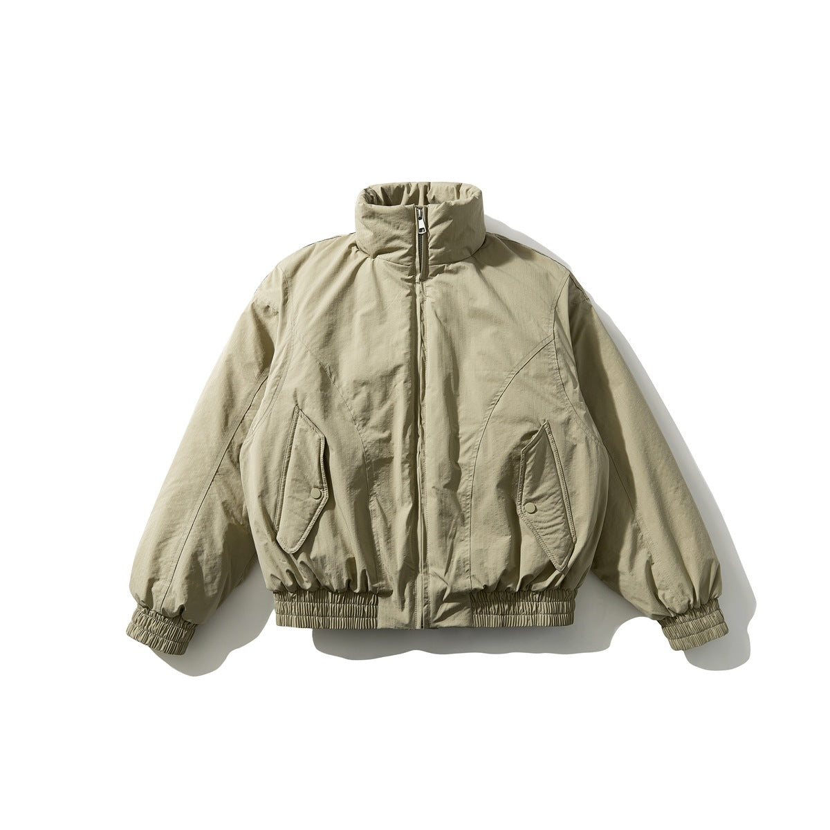 Khaki stand-collar zip jacket flat lay with angled snap flap pockets and elastic cuffs and hem