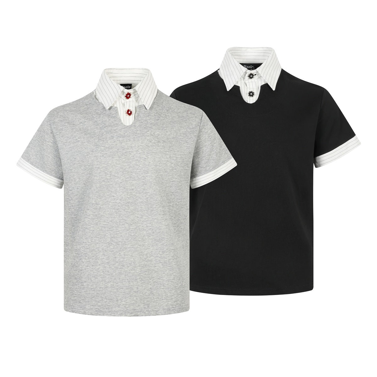 Two short-sleeve shirts shown from the front: heather gray and black, each with a white pinstriped collar and cuffs.