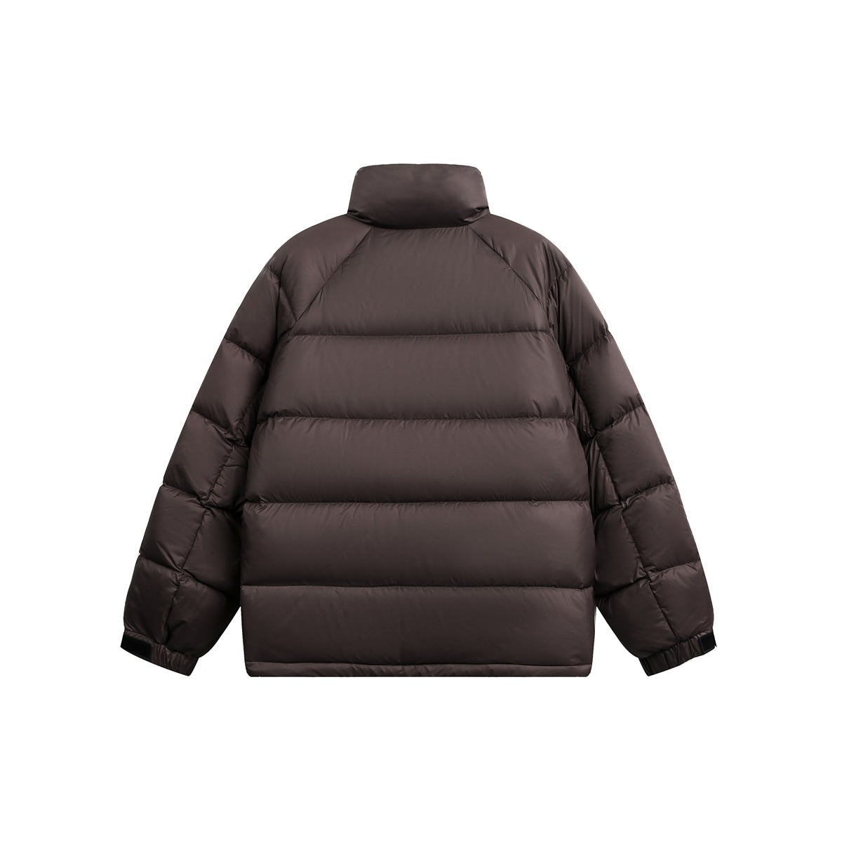 Back view of a dark brown quilted puffer jacket with a high collar and black cuff tabs.