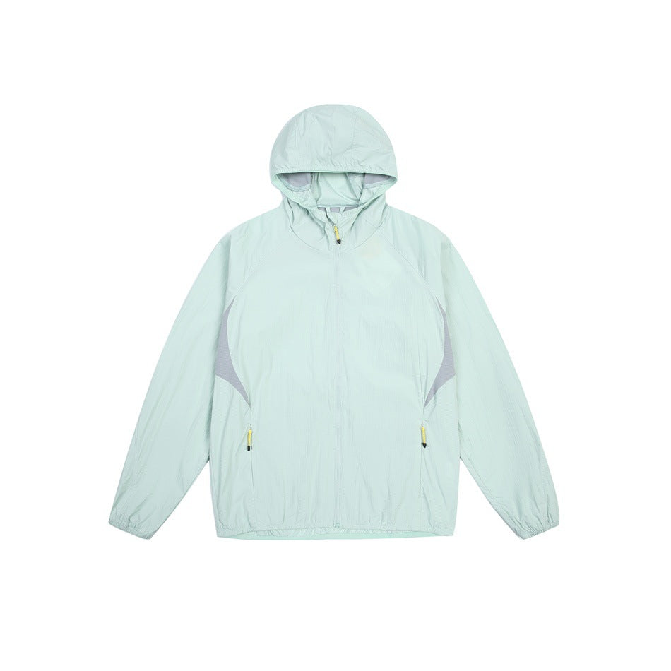Mint green hooded zip jacket with gray side panels and yellow zipper pulls, flat front view