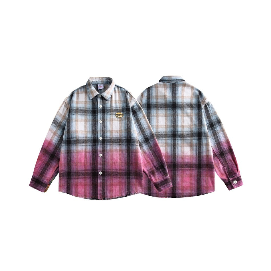Plaid button-up shirt shown flat from the front and back, with blue-gray checks fading to pink at the sleeves and hem.