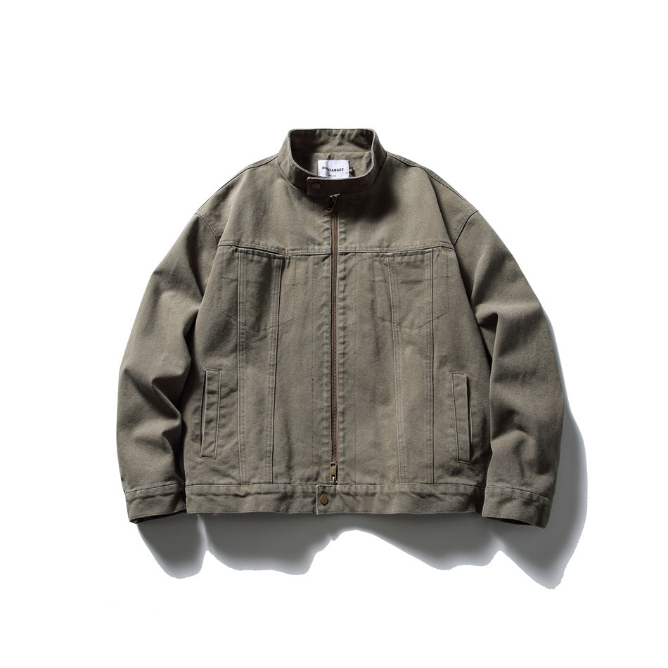 Green stand-collar zip-front jacket with chest seam panels and side slip pockets, flat lay front view