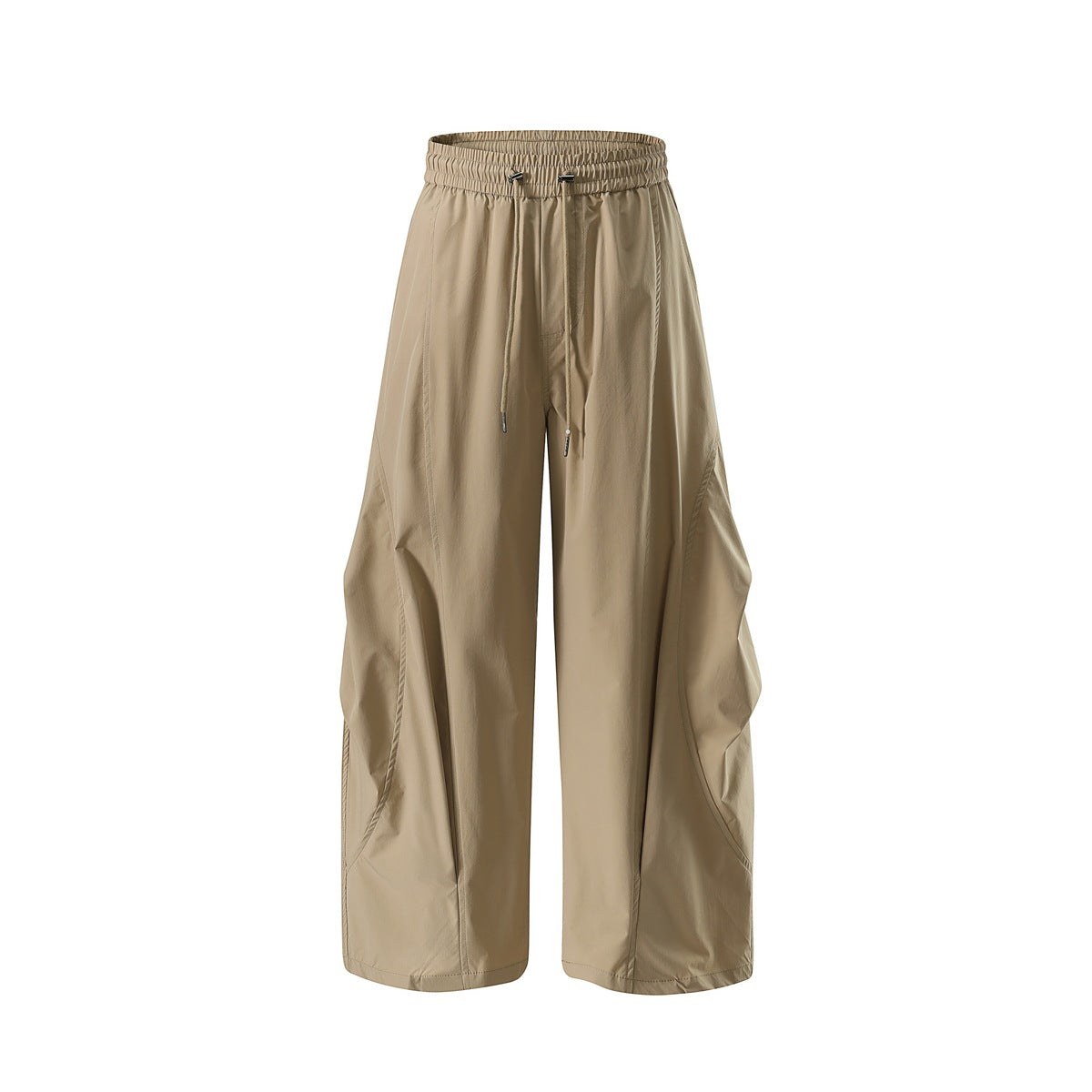 Khaki wide-leg drawstring pants with elastic waist and pleated side volume, flat front view