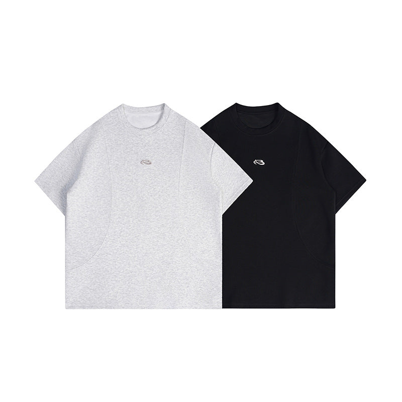 Two short-sleeve crew-neck T-shirts, one heather gray and one black, shown from the front.
