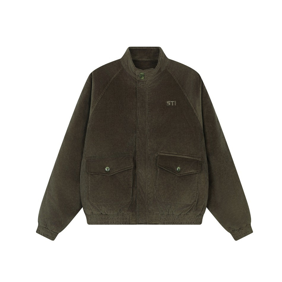 Army green corduroy stand-collar jacket with two flap pockets, elastic hem and cuffs, flat front view