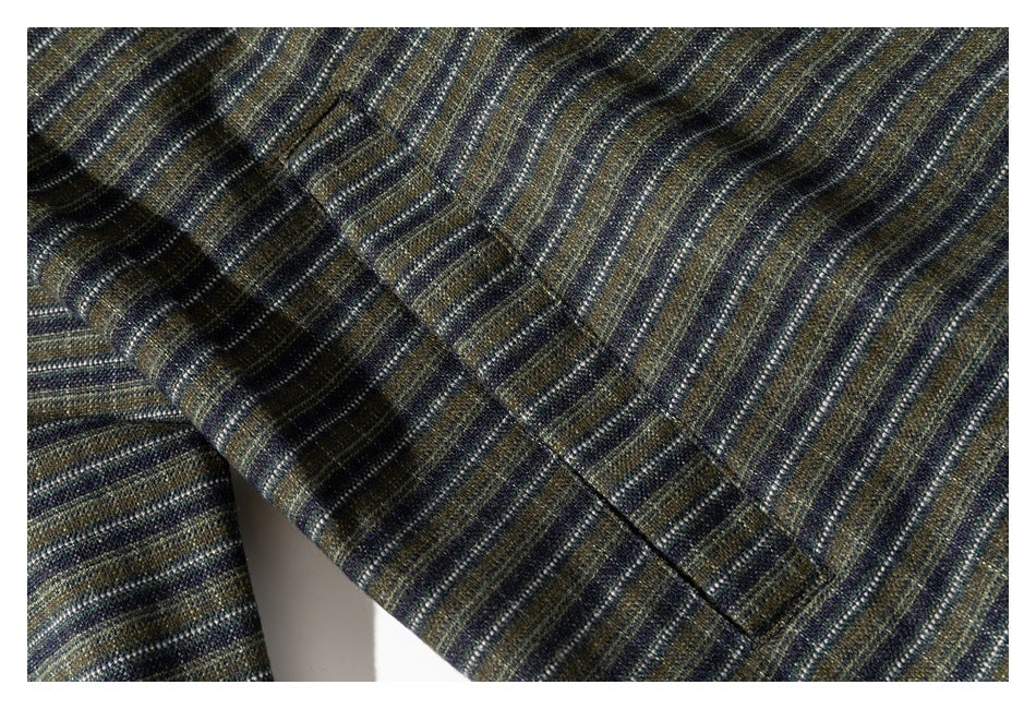 Close-up showing the jacket’s textured olive, gray, and navy stripe pattern and seam.
