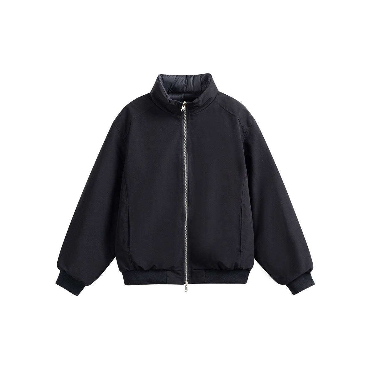 Black stand-collar zip jacket with ribbed cuffs and hem, flat front view on a white background