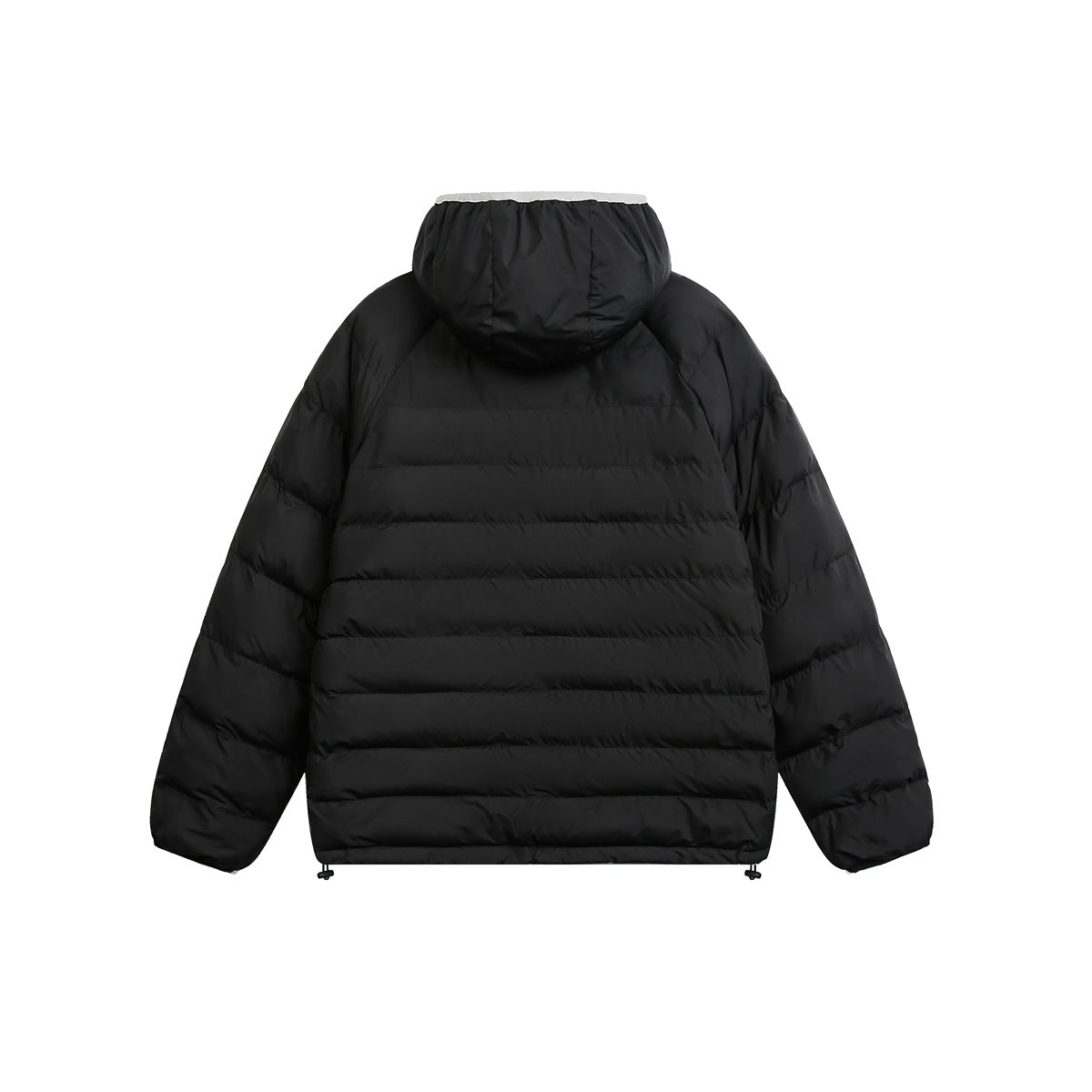 Back view of a black hooded puffer jacket with horizontal quilting and adjustable hem toggles, shown flat against white.