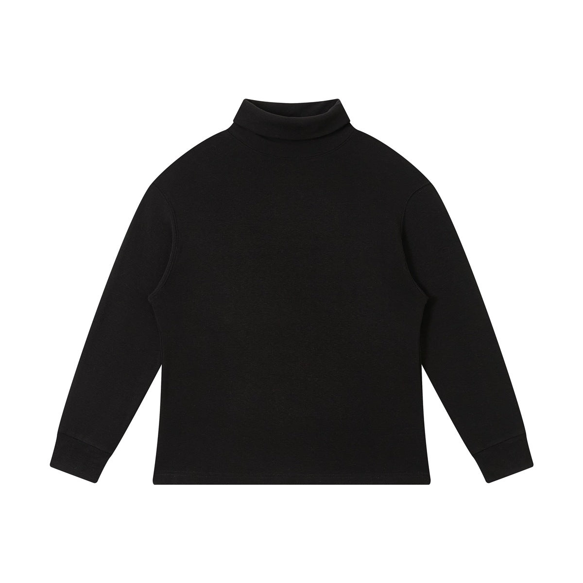 Black turtleneck long-sleeve pullover flat lay with drop shoulders and ribbed cuffs