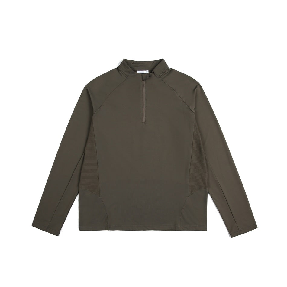 Brown long-sleeve quarter-zip top with stand collar and raglan sleeves, flat front view
