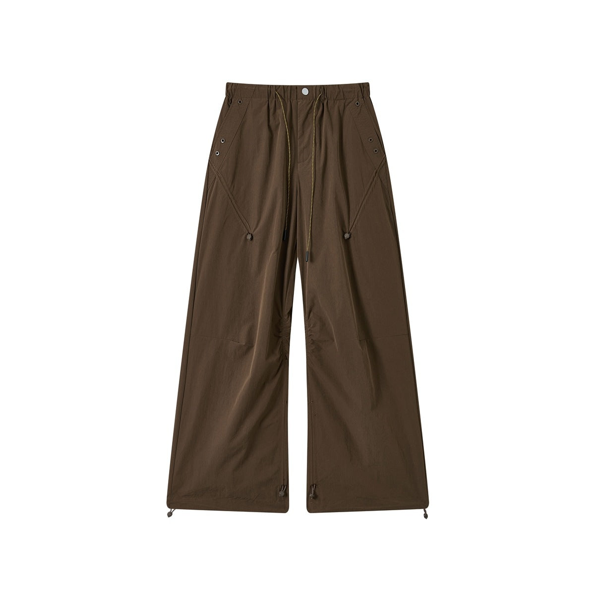Brown wide-leg drawstring pants, front flat view, with eyelet details and hem toggles