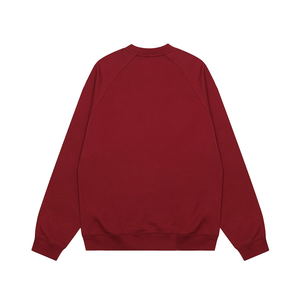 Back view of plain burgundy raglan-sleeve crewneck sweatshirt with ribbed cuffs and hem
