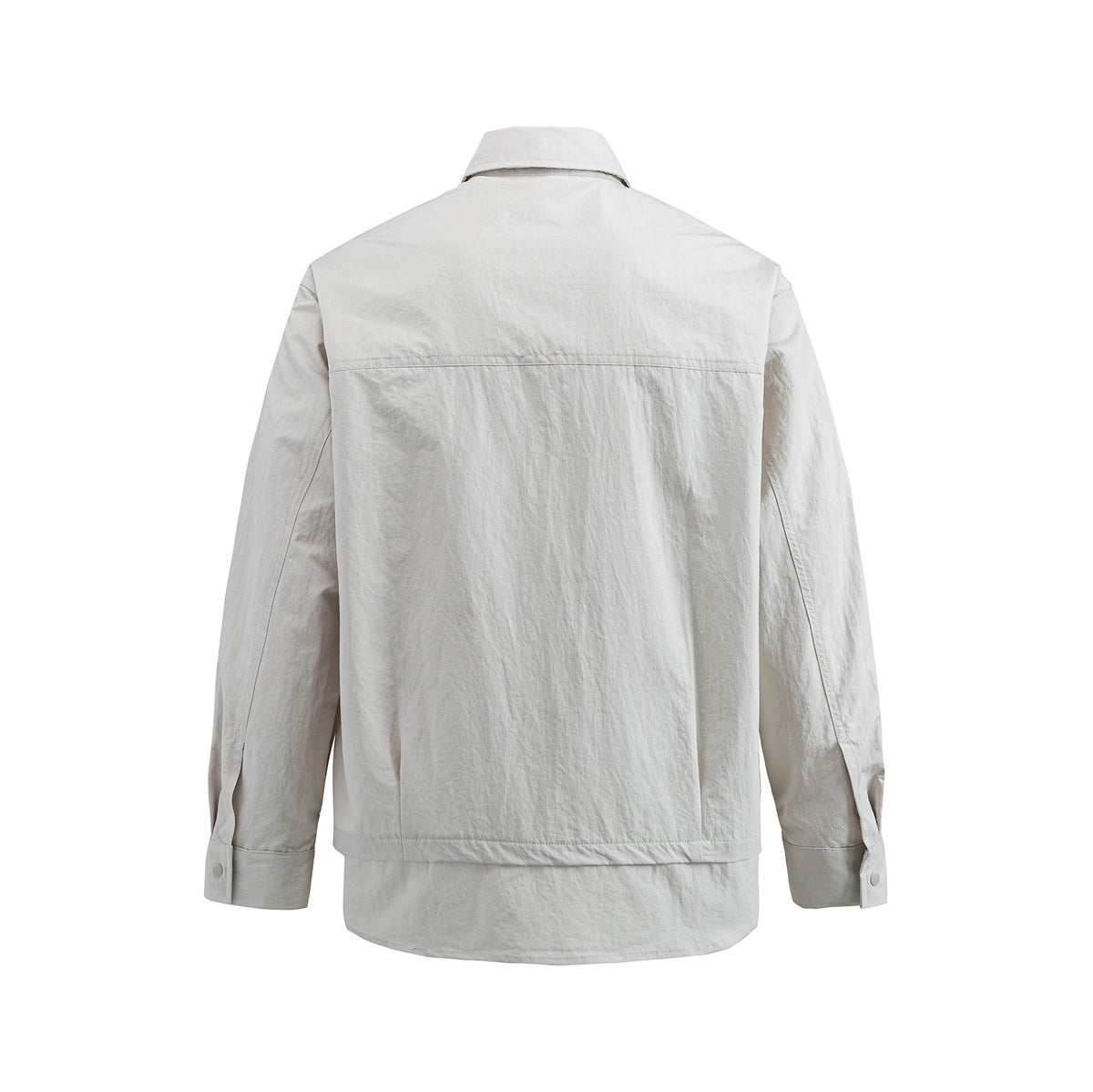 Back view of a light beige long-sleeve collared overshirt with button cuffs and a curved hem.