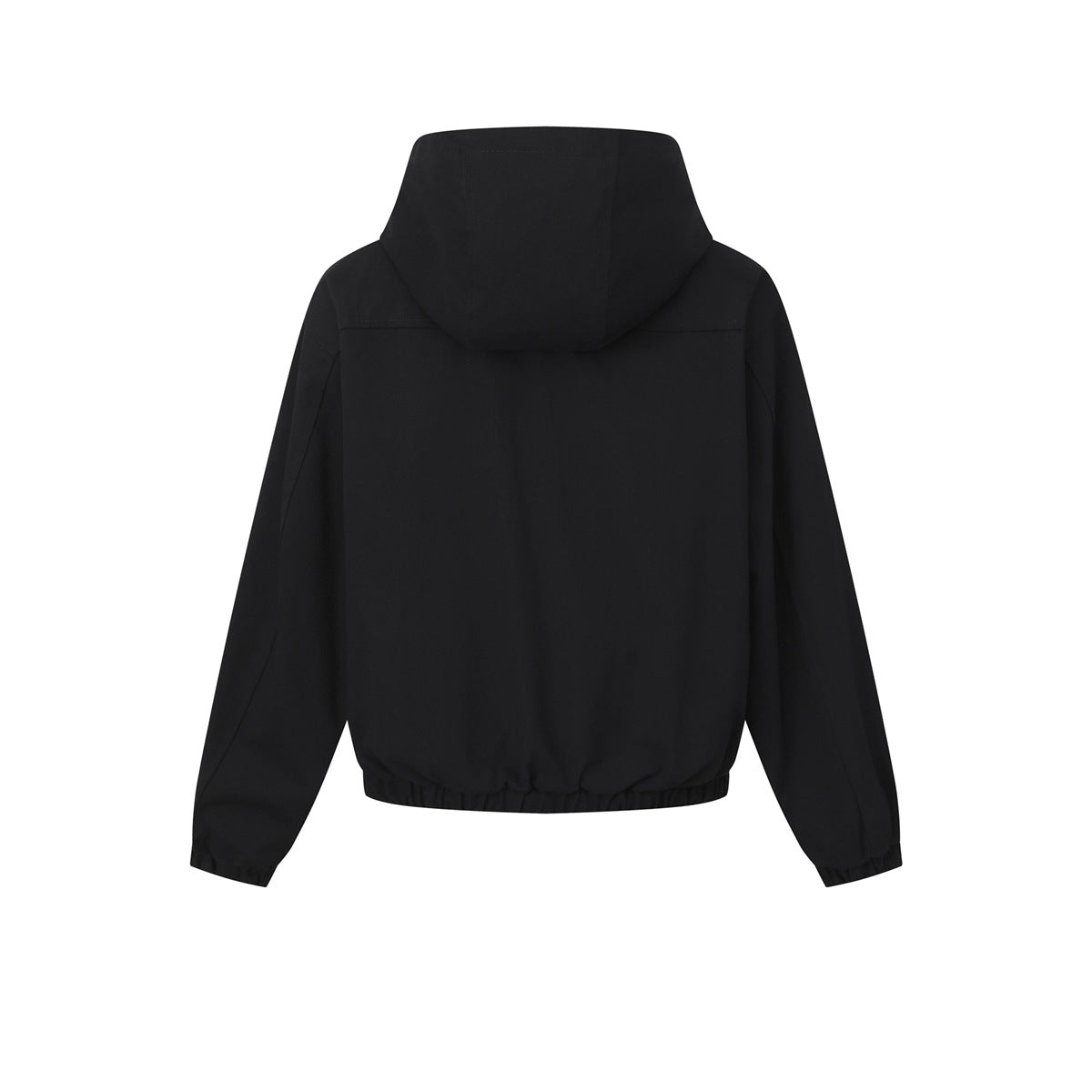 Back view of a black hooded jacket with long sleeves and a gathered elastic hem.