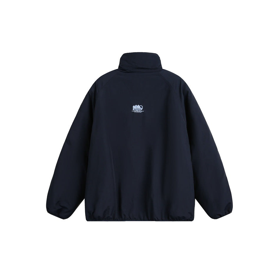 Back view of a dark navy jacket with a high collar, elastic cuffs and hem, and a small embroidered logo.