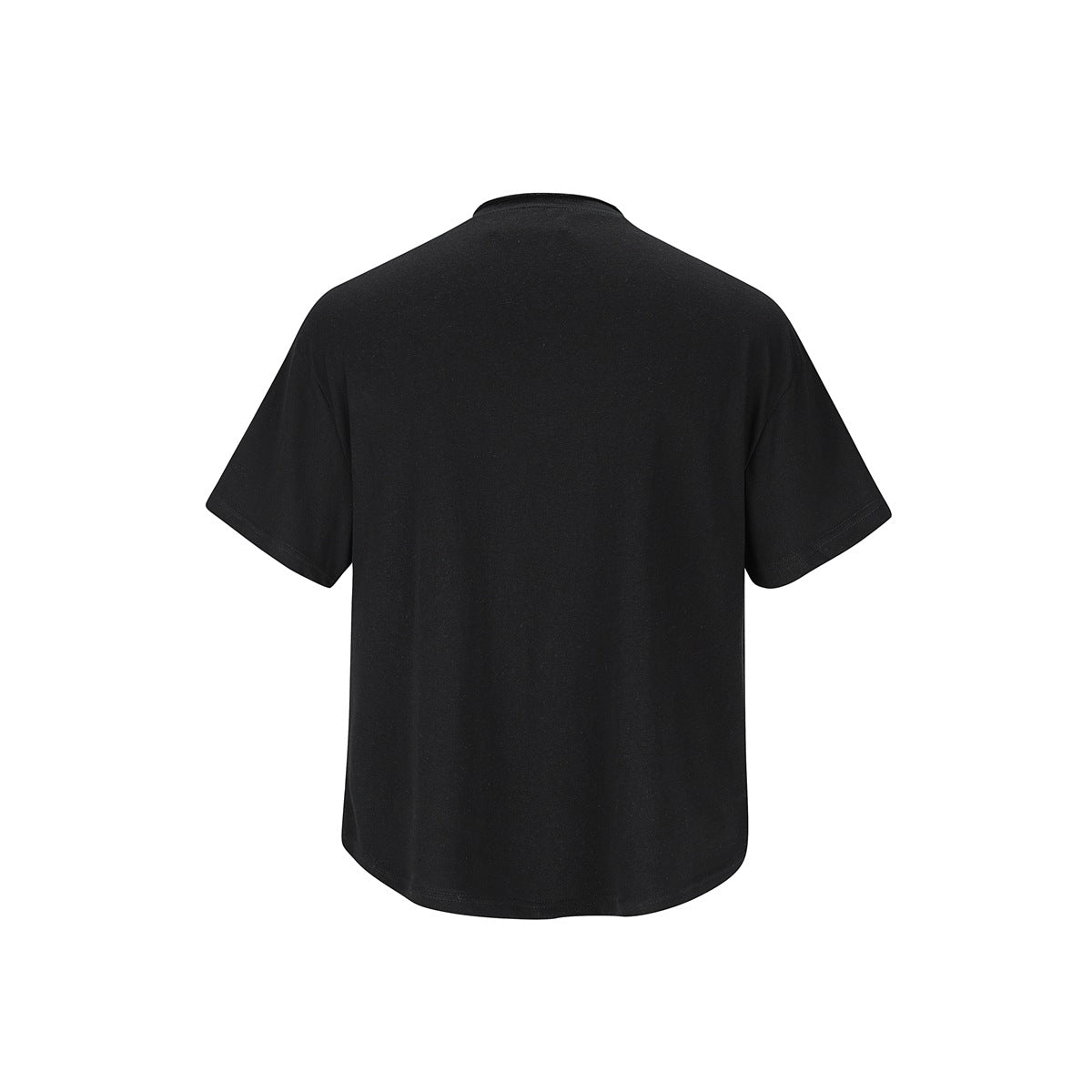 Back view of a plain black short-sleeve Henley shirt.