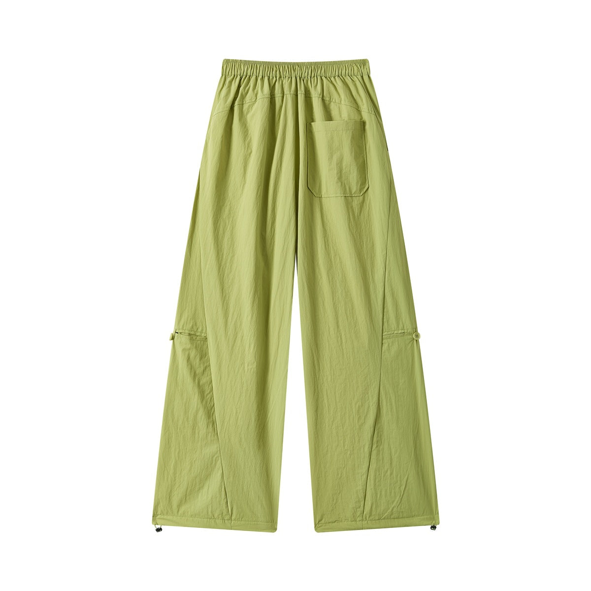 Back view of light olive-green wide-leg pants with an elastic waist, a patch pocket, and buttoned lower-leg vents.