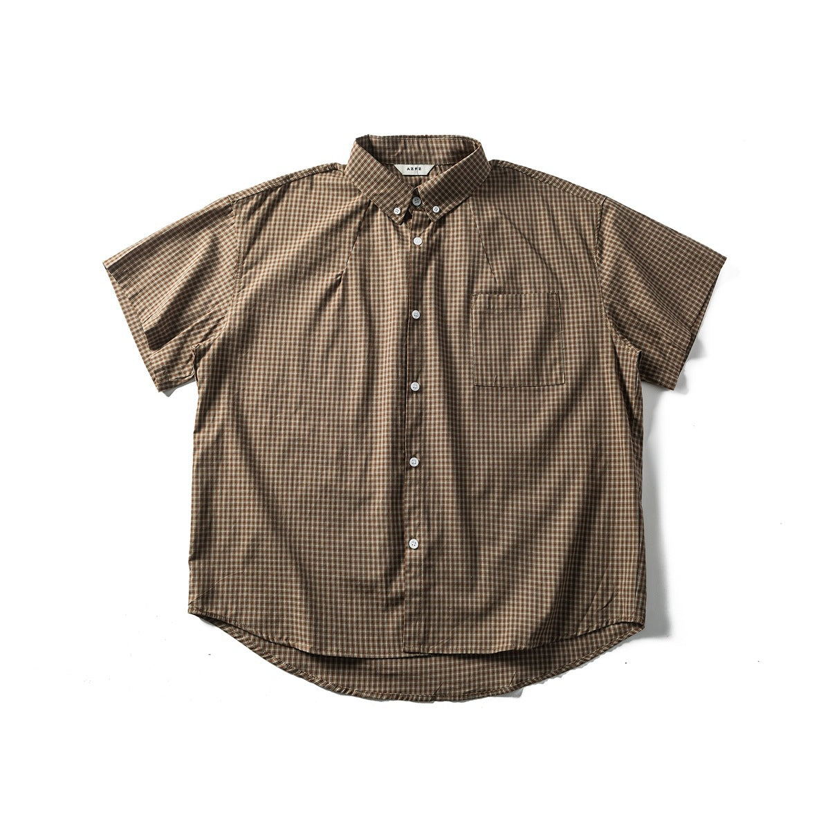 Brown small-check short-sleeve button-up shirt with chest pocket, flat lay front view