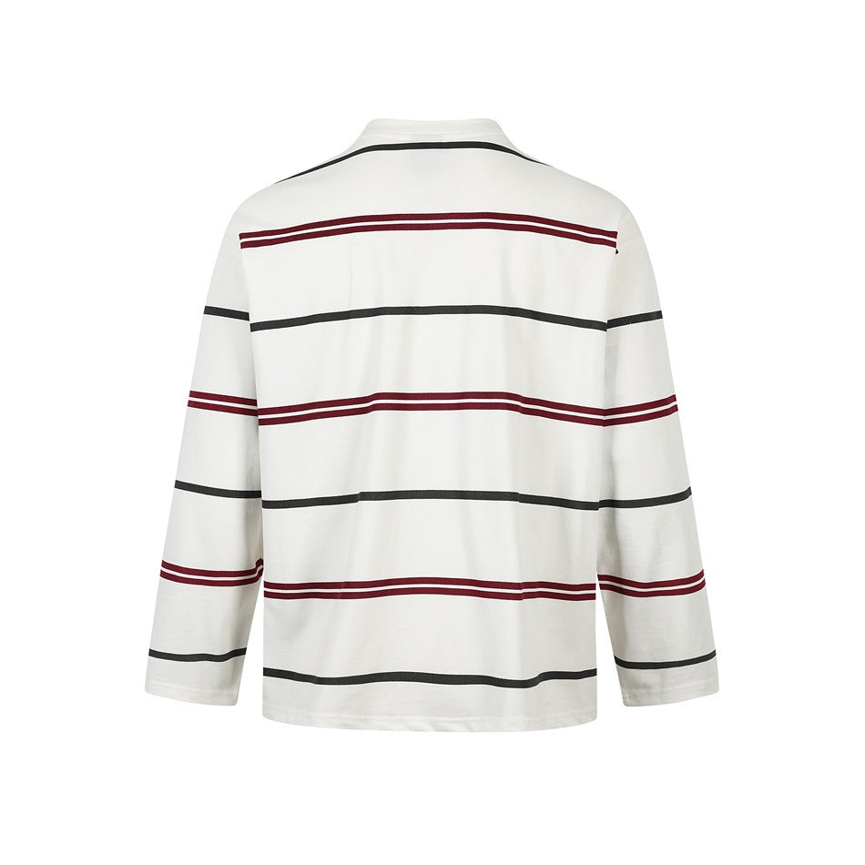 Back view of white long-sleeve top with maroon and dark gray horizontal stripes