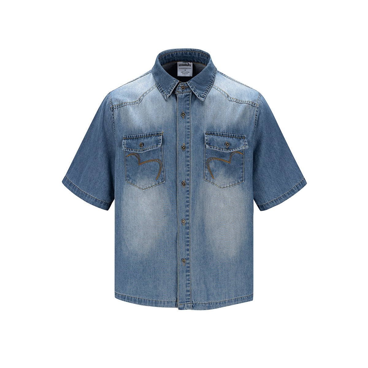 Faded blue denim short-sleeve shirt with collar, button front and two flap chest pockets with gold embroidery