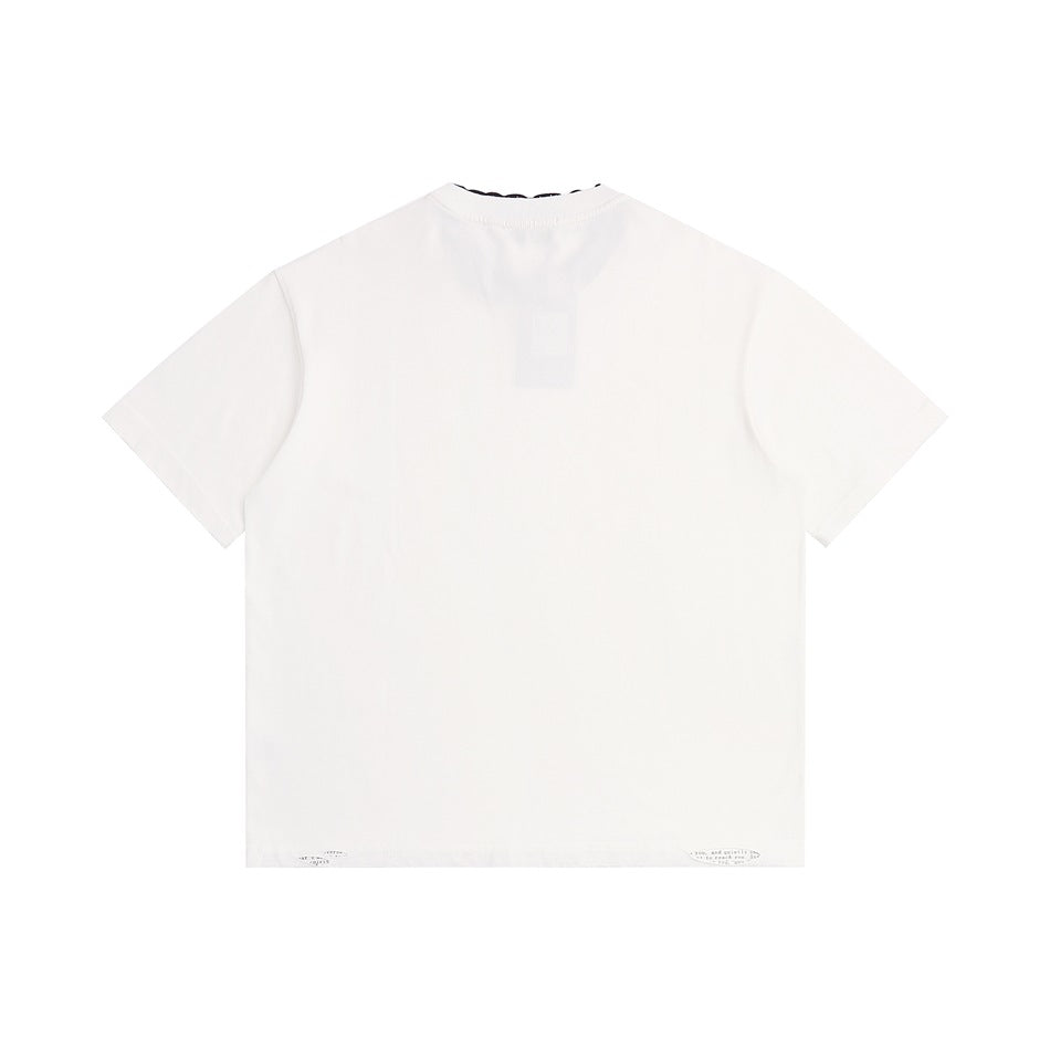 White short-sleeve crew-neck T-shirt, flat back view with small printed text near the hem and a dark inner neckband