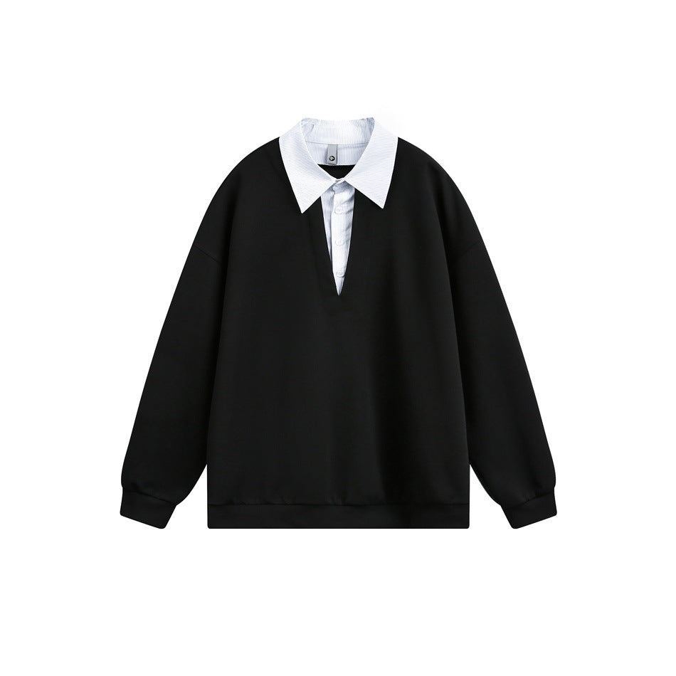 Black pullover sweatshirt with white striped shirt collar and placket under a V-neck, flat lay front view