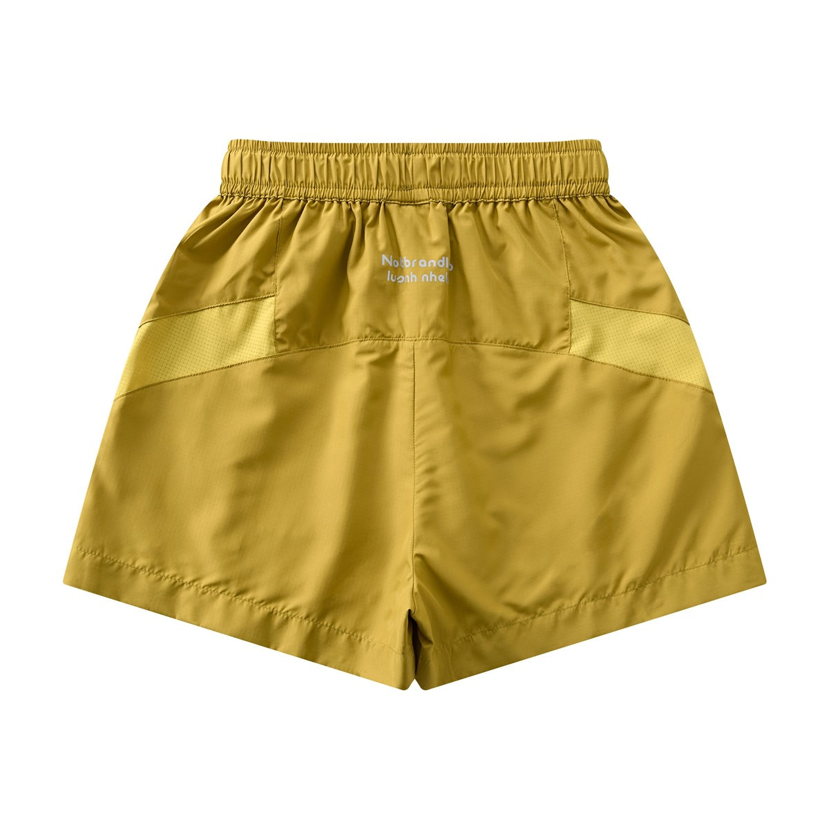 Mustard yellow shorts shown from the back, with an elastic waistband and contrasting perforated side panels.