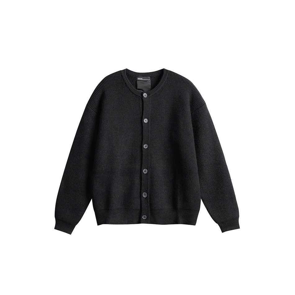 Black ribbed knit button-front cardigan with round neckline, flat lay front view
