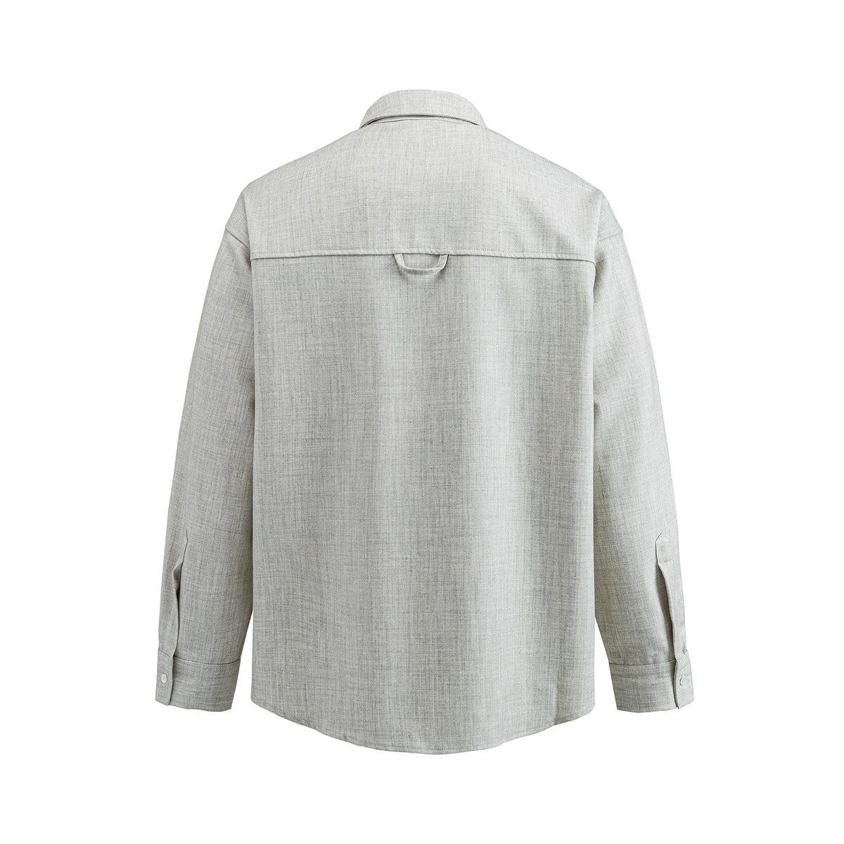 Back view of a light gray long-sleeve shirt with a pointed collar, shoulder yoke, and button cuffs.