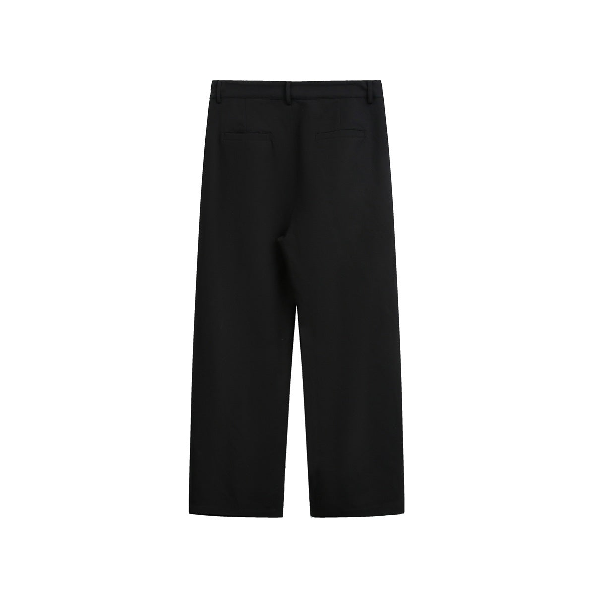 Black wide-leg trousers shown from the back, with belt loops and two welt pockets on a white background.