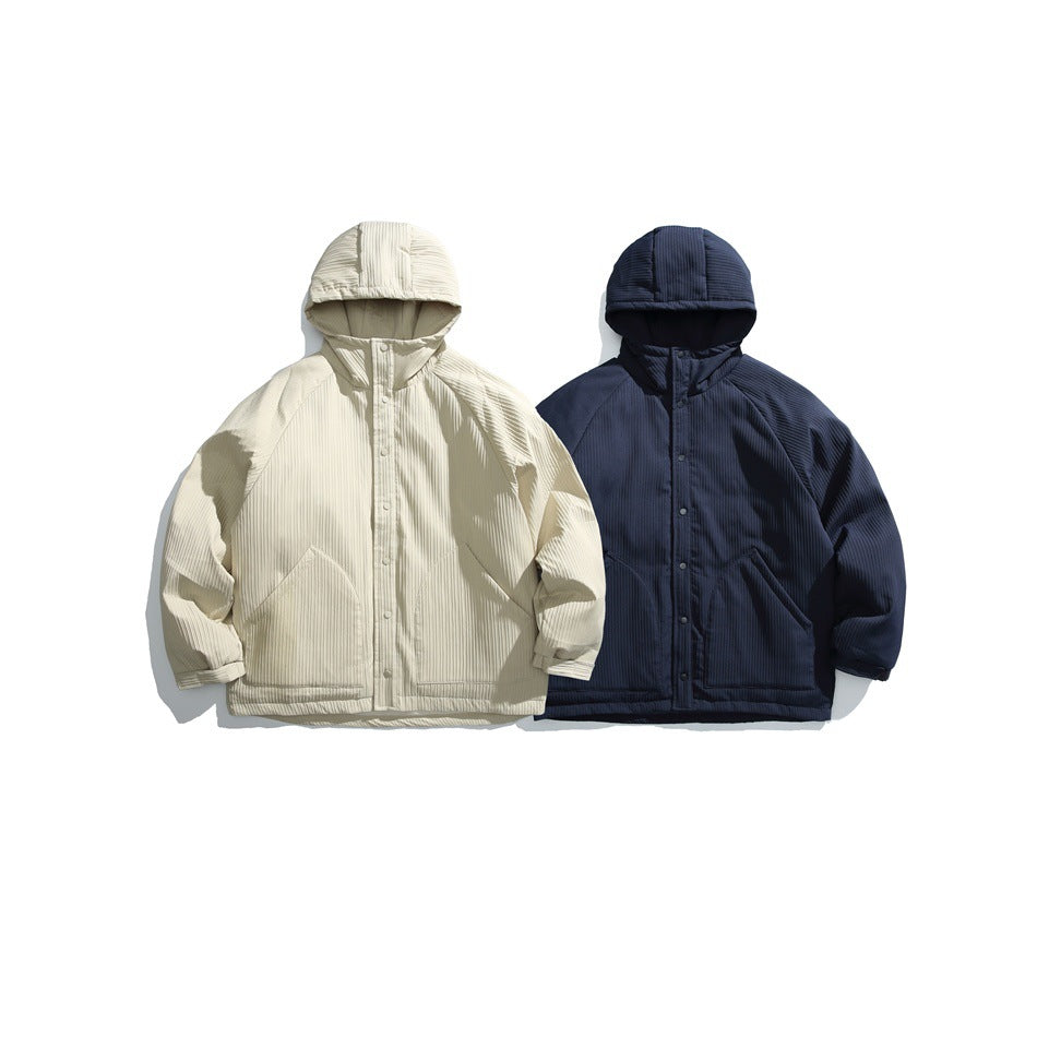 Two hooded jackets shown side by side, one ivory and one navy, with snap fronts and large pockets.