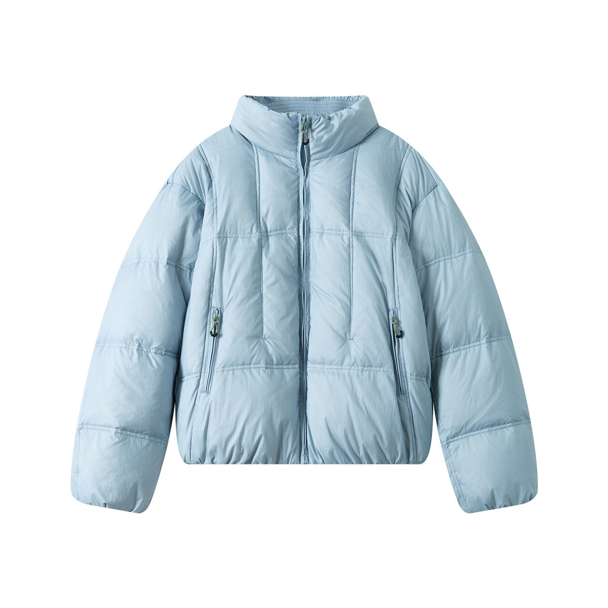 Light blue quilted puffer jacket with stand collar, front zipper and zippered pockets, flat front view