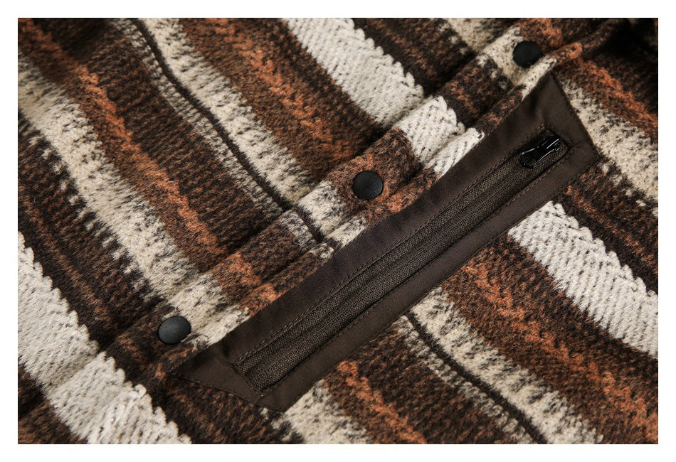 Close-up of a brown zippered chest pocket and black snaps on the plaid overshirt.